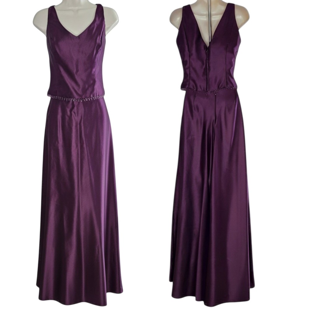 Dessy Creations Diamond Purple Plum Satin Beaded 2 pc Evening Gown Dress 10‎ USA